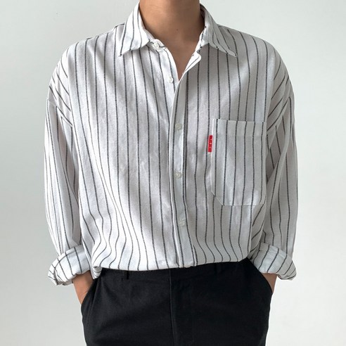제이에이치스타일 남성용 오버핏 포켓 스트라이프 긴팔 셔츠