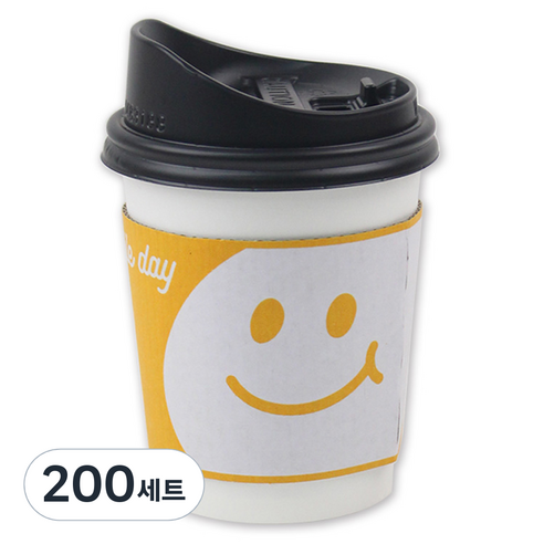 아이엔피 종이컵 화이트 무지 300ml + 롱개폐 뚜껑 + 홀더 스마일옐로 세트, 200세트