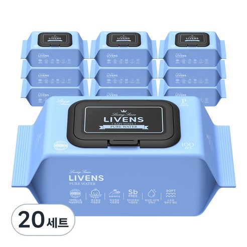 리벤스 퓨어 워터99 순수 도톰한 엠보싱 유아용 물티슈 캡형, 20세트, 100매, 50g