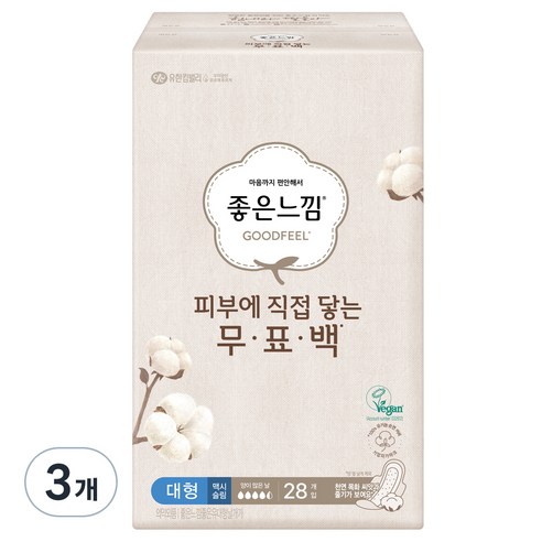 좋은느낌 유기농순면 무표백 대형 생리대 날개형, 28개입, 3개