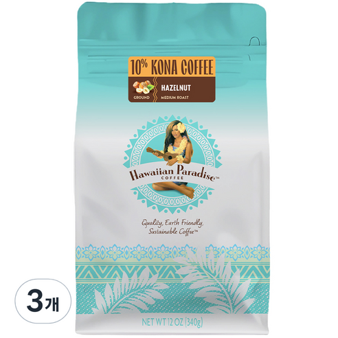 하와이안 파라다이스 하와이 코나 헤이즐넛 분쇄 커피, 340g, 3개, 핸드드립