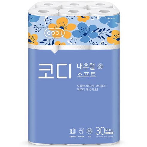 코디 내추럴소프트 3겹 롤화장지 27m, 30롤, 1팩