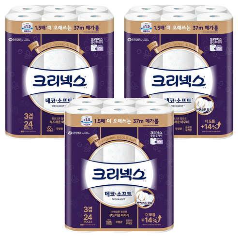 크리넥스 3겹 데코&소프트 천연펄프 고급롤화장지, 37m, 24개입, 3개