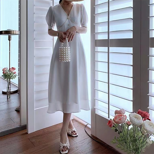 페이퍼먼츠 클래식 골지 쉬폰 하객 룩 원피스 00479