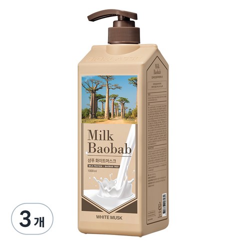 밀크바오밥 대용량 우유단백질 손상모 샴푸 화이트머스크향, 1000ml, 3개