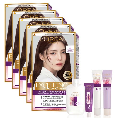 로레알파리 엑셀랑스 듀오크림 염모제, 4호 짙은 자연 갈색, 5개