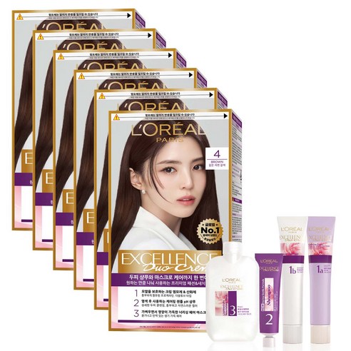 로레알파리 엑셀랑스 듀오크림 염모제, 4호 짙은 자연 갈색, 6개