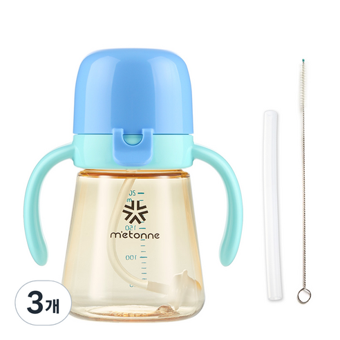 메똔느 PPSU M5 추 빨대컵 200ml, 블루, 3개