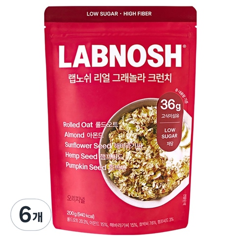 랩노쉬 리얼 그래놀라 크런치 오리지널 시리얼, 200g, 6개