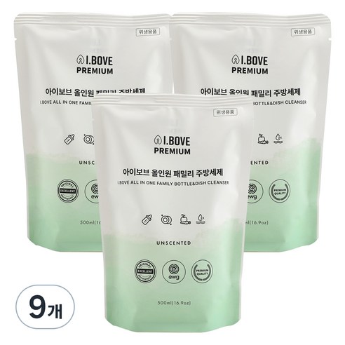 아이보브 올인원 패밀리 주방세제 리필, 9개, 500ml