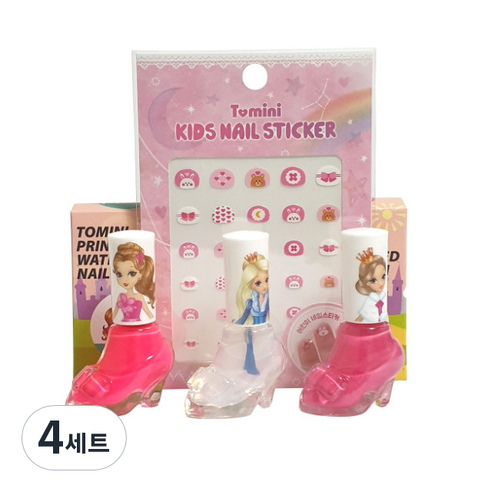 투미니 어린이 프린세스 수성 매니큐어 + 스티커 랜덤발송, BS세트(핑크, 체리핑크, 투명), 4개