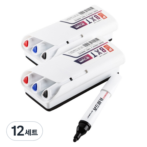 라인플러스 BXT 마그네틱 보드마카 3종 + 화이트보드 지우개, 흑색 + 청색 + 적색, 12세트