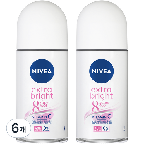 니베아 데오드란트 롤온 엑스트라 브라이트, 50ml, 6개