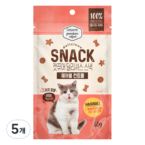 캣퓨어 고양이 딜리셔스 스낵 헤어볼 컨트롤, 60g, 5개, 혼합맛(닭고기/참치)