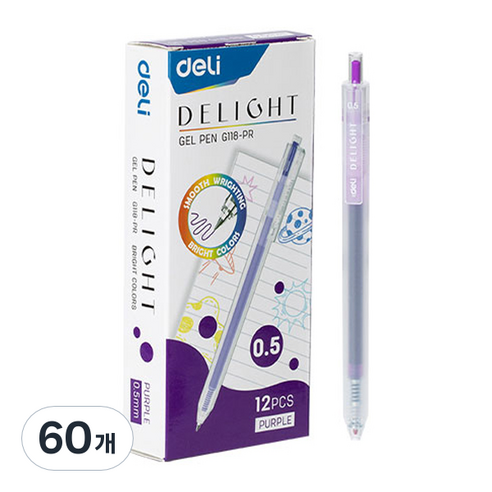 델리 델라이트 퀵드라이 노크식 젤잉크펜 0.5mm EQ118, 퍼플, 60개