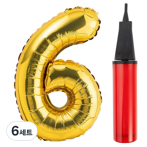 파티팡 숫자 은박 풍선 대 골드6 + 손펌프 랜덤 발송, 혼합 색상, 6세트