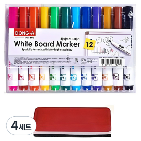 동아 화이트 보드마카 + 보드지우개, 분홍, 빨강, 주황, 노랑, 연두, 초록, 하늘, 파랑, 보라, 황토, 갈색, 검정, 4세트