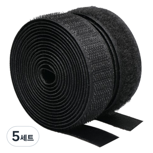 쿠말 접착 초강력 벨크로 테이프 갈고리면 20mm x 10m + 부착면 20mm x 10m 세트, 블랙, 5세트