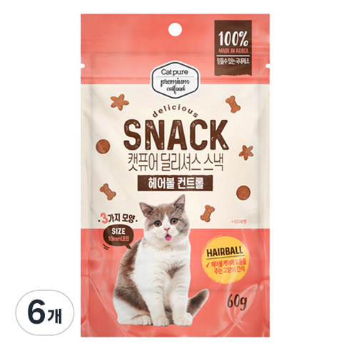 캣퓨어 고양이 딜리셔스 스낵 헤어볼 컨트롤, 60g, 6개, 혼합맛(닭고기/참치)