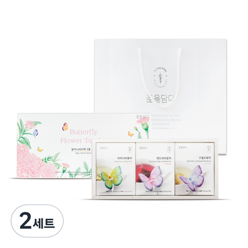 꽃을담다 나비 티백 꽃차 3종 x 3p + 핑크 박스 +쇼핑백 선물 세트, 꽃차 3종 + 박스 + 쇼핑백, 2세트