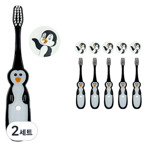 비브라이트 어린이용 LED 타이머 캐릭터 칫솔 6p + 칫솔모 보호커버 6p 세트, 펭귄, 2세트