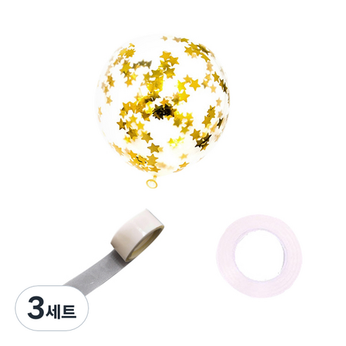 파티쇼 컨페티 꽃가루 풍선 30p + 컬링리본 30m + 테이프 100p 세트, 메탈스타골드(컨페티), 3세트