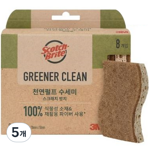 3M 스카치브라이트 그리너클린 스크래치 방지 천연펄프 수세미, 8개입, 5개