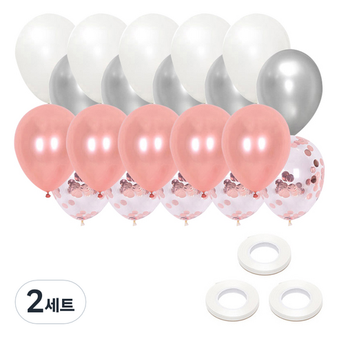 조이파티 컨페티 은박 로즈골드 천장풍선 세트, 풍선(은박로즈골드, 펄화이트, 펄실버, 펄로즈골드), 컬링리본(화이트), 2세트