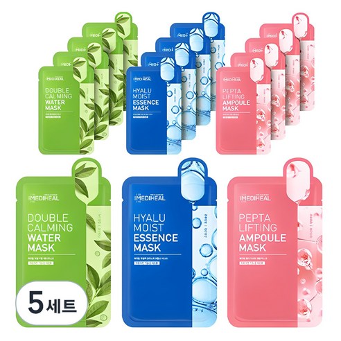 메디힐 더블 카밍 워터 마스크 5매 + 히알루 모이스트 에센스 마스크 5매 + 펩타 리프팅 앰플 마스크 5매, 15매입, 5세트