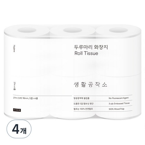 생활공작소 천연펄프 3겹 두루마리 화장지, 27m, 6롤, 4개