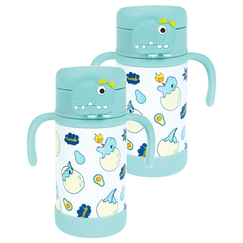 누비 아동용 스텐 버튼 빨대컵 280ml, 2개, 다이노민트