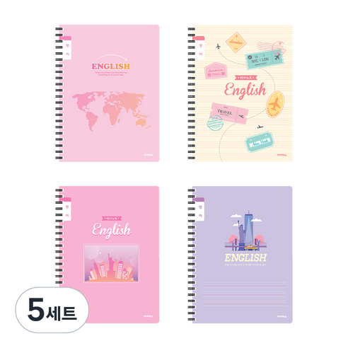 아이비스 여아용 초등 영어 스프링 노트 좁은칸 SP11727 4종 세트, 세계 지도 + 여행 + 뉴욕의 밤 + 택시, 5세트