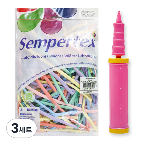 조이파티 셈퍼텍스 파스텔메이트 요술풍선 260S 100p + 손펌프 세트, 혼합색상(풍선), 핑크(손펌프), 3세트