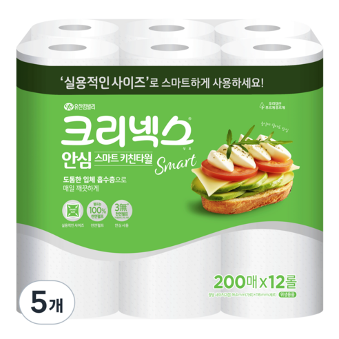 크리넥스 안심 스마트 키친타월 200매, 5개, 12롤