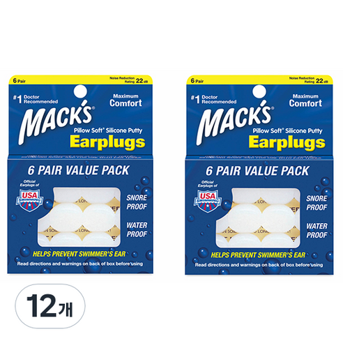 Macks 필로우소프트 수면 귀마개 흰색, 12개, 6쌍
