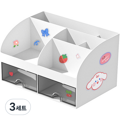 투코비 다용도 수납정리함 심플 데스크 오거나이저 6홀더 2서랍 + 데코스티커 세트, 혼합색상, 3세트