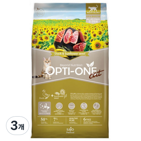 사조 옵티원 캣 오리해바라기씨 건식사료, 2.4kg, 3개