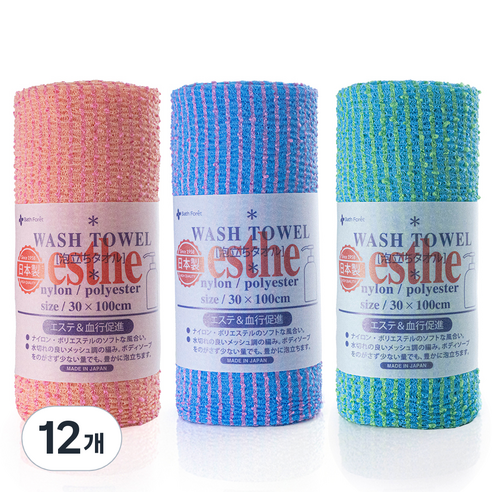 Bath Foret 에스더 일본 샤워타월 3종 세트, 핑크, 그린, 블루, 12개, 1개입