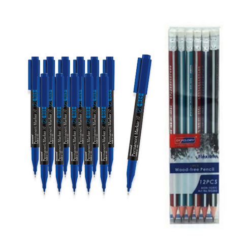 모나미 네임펜 얇은 닙 XF 12p + 스카이글로리 삼각 지우개 연필 12p 세트, 블루, 1세트