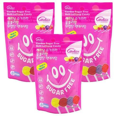 쎄르당 슈가프리 볼롤리팝 무설탕 막대사탕 8p, 55g, 3개