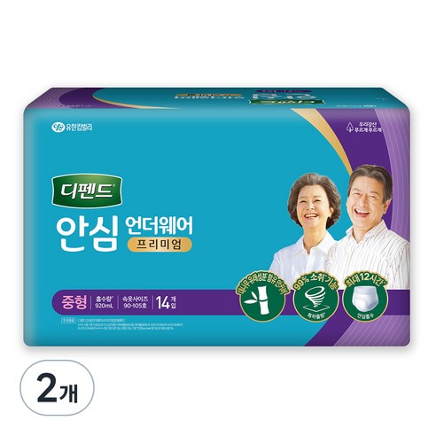 디펜드 남녀공용 안심 언더웨어 프리미엄 성인기저귀, 중형, 14개입, 2개