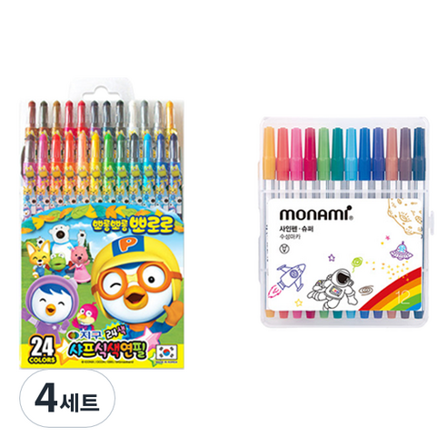 지구화학 뽀로로 샤프식 색연필 24색 + 모나미 슈퍼사인펜 12색 세트, 4세트