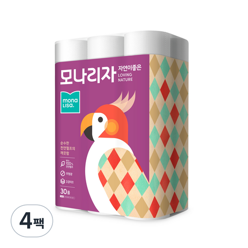 모나리자 자연이 좋은 천연펄프 고급 롤 화장지 3겹, 30m, 30개입, 4개
