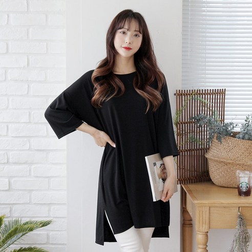 세이스타일 여성용 데니 언발 양트임 7부 롱티셔츠
