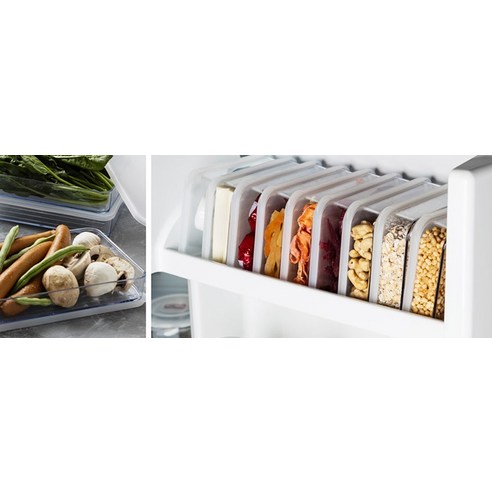 투명하고 공간 절약적인 실리쿡의 시스루납작이 냉장고 정리용기 세트로 냉장고를 효율적으로 조직하세요.