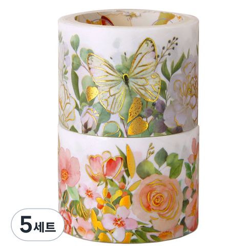 인디케이 보태닉 플라워 마스킹 테이프 3cm x 3m 2종 세트, 화이트, 핑크, 5세트