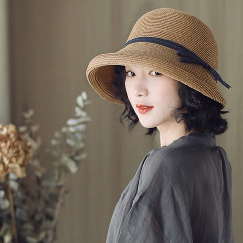 지니얼 여성용 여름 리본 버킷 벙거지 라탄 왕골 밀집 모자 MJ2410