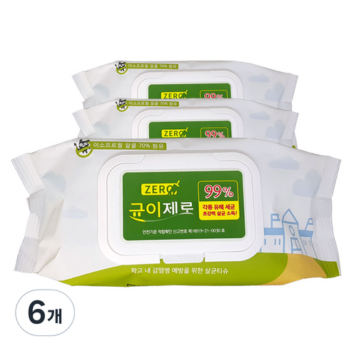 균이제로 살균 소독 티슈, 6팩, 75매