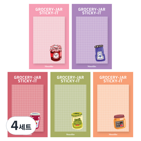 모노라이크 스티키 점착메모지 5종 세트 그로서리 자, Strawberry jam, Blueberry jam, Cherry jam, Olives, Apple sauce, 4세트