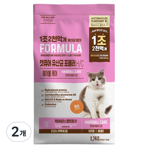 캣퓨어 H/C 고양이 유산균 포뮬러 헤어볼 케어 사료, 1.2kg x 2개, 장 건강 및 유산균 함유